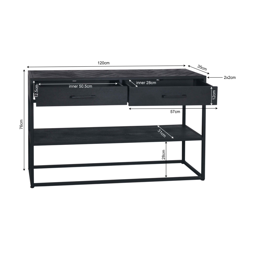Beistelltisch Sydney – Mangoholz & Metall Schwarz, 120 x 35 x 76 cm, mit 2 Schubladen & Regal im Industriedesign