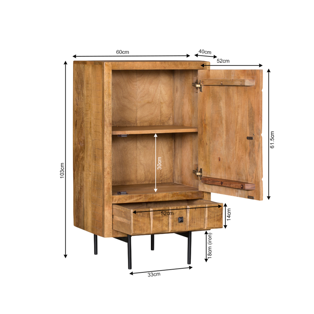 Highboard Jacky – Schrank aus Mangoholz mit geschnitztem Blockmuster & Metallgestell, 1 Tür & 1 Schublade, 60 x 40 x 103 cm
