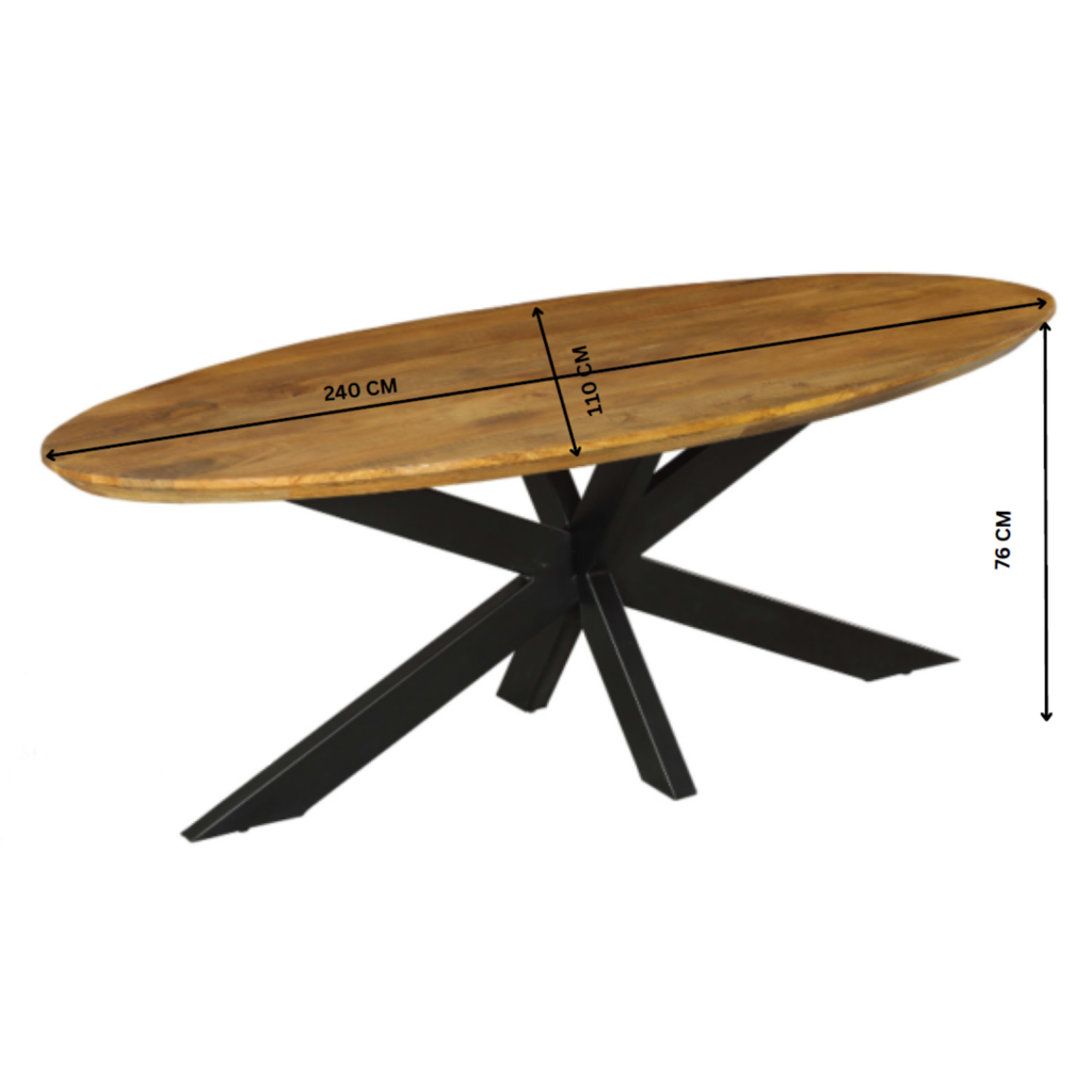Esstisch Jacky Oval – Massivholztisch aus Mangoholz mit schwarzem Metallgestell, 240 x 110 x 76 cm, 6 cm Platte