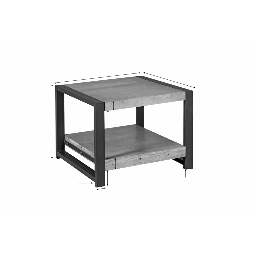 Beistelltisch Bori – Tisch aus Mangoholz & Metall mit Unterregal, klar lackiert, 60 x 60 x 45 cm
