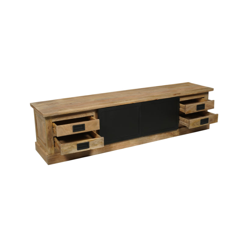 TV-Board Nizza 200 x 45 x 50 cm – Mangoholz & schwarze Metalltüren, mit 2 Türen & 4 Schubladen