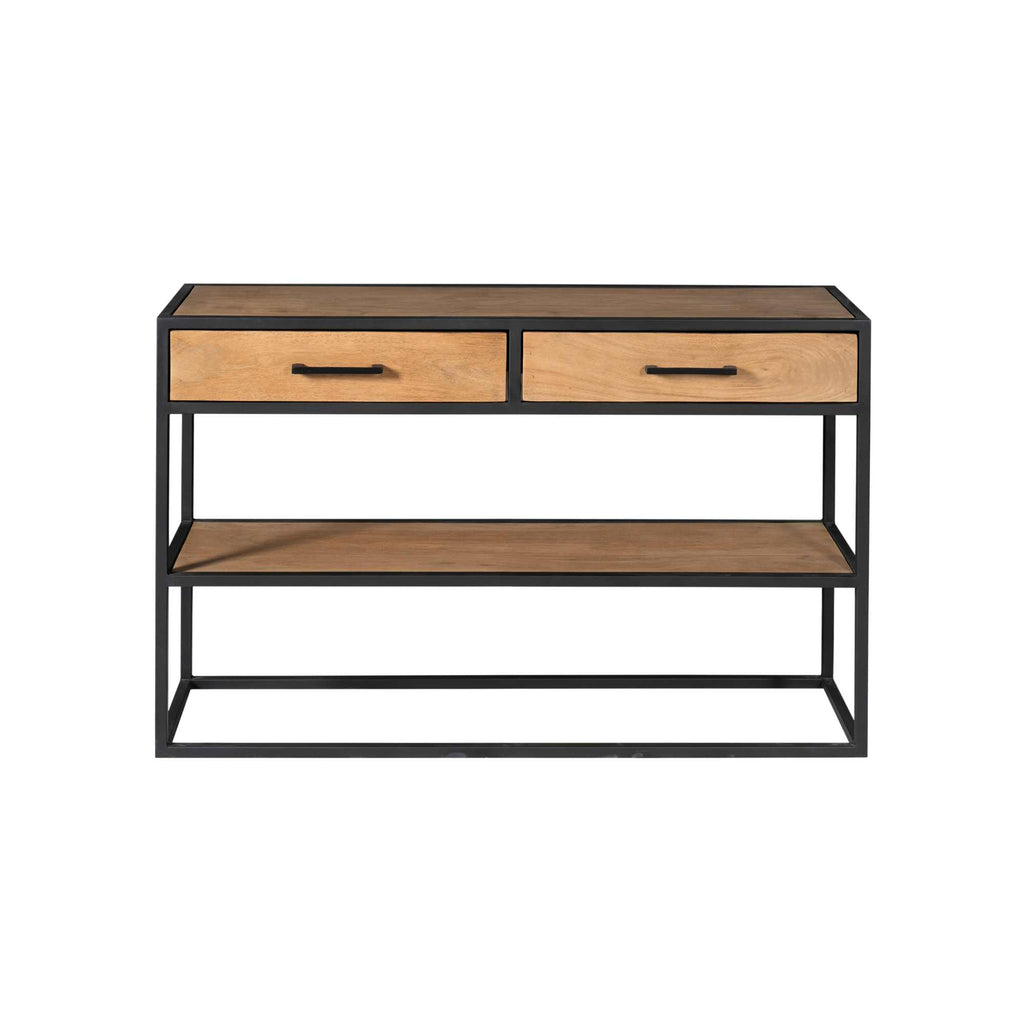 Beistelltisch Delta – Mangoholz & Metall mit 2 Schubladen & Ablage, 120 x 35 x 76 cm