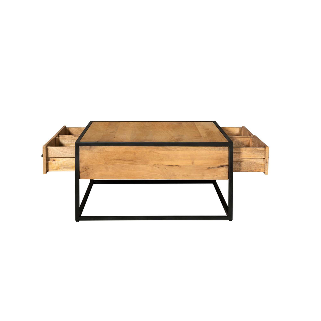Couchtisch Delta Schwarz – Quadratischer Mangoholz-Tisch mit 4 Schubladen & Metallgriffen, 80 x 80 x 40 cm