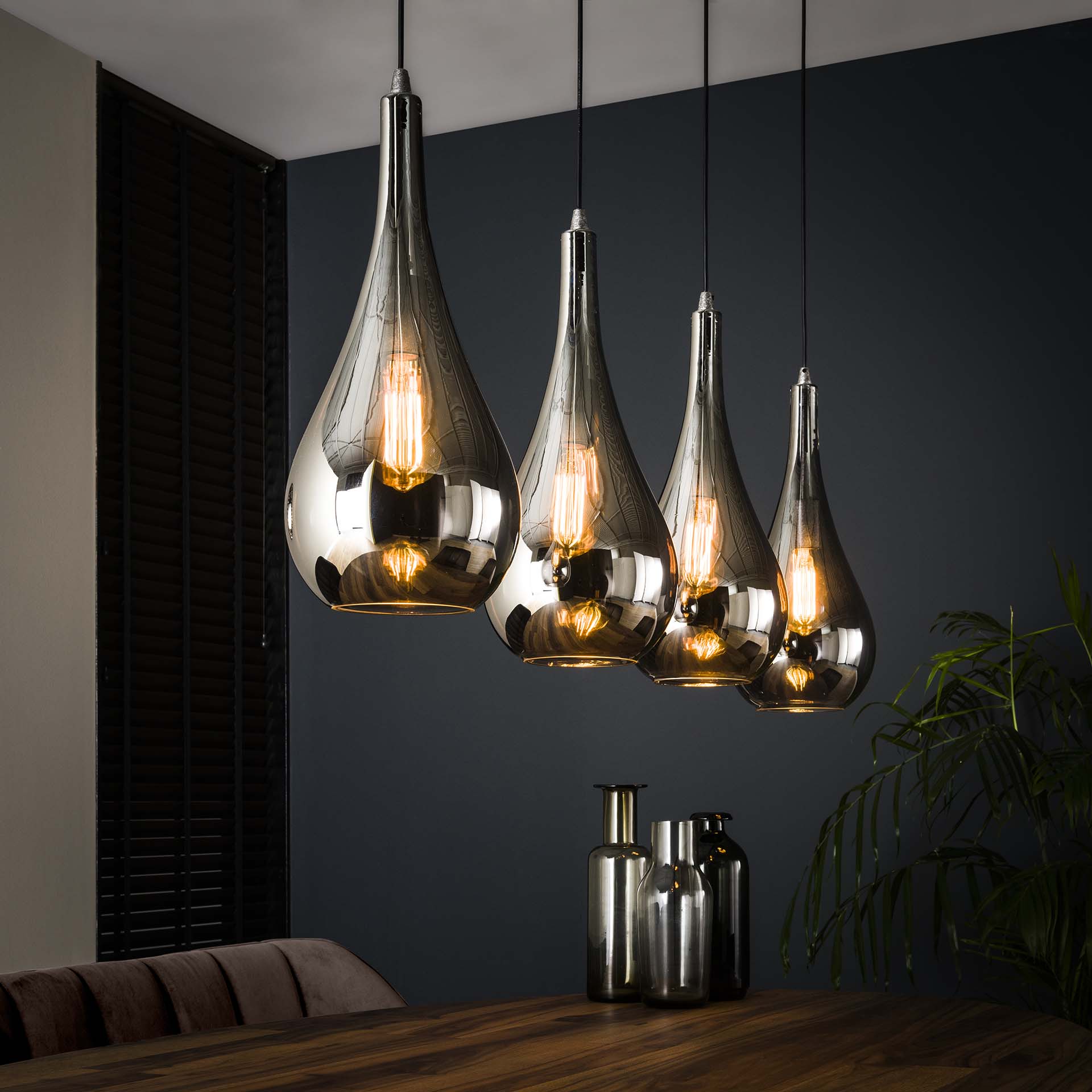 Hängeleuchte Gocce 4-flammig – Glas-Leuchte 130×150×20 cm mit Chromglanz & Spiegeleffekt, höhenverstellbar, E27, LED geeignet