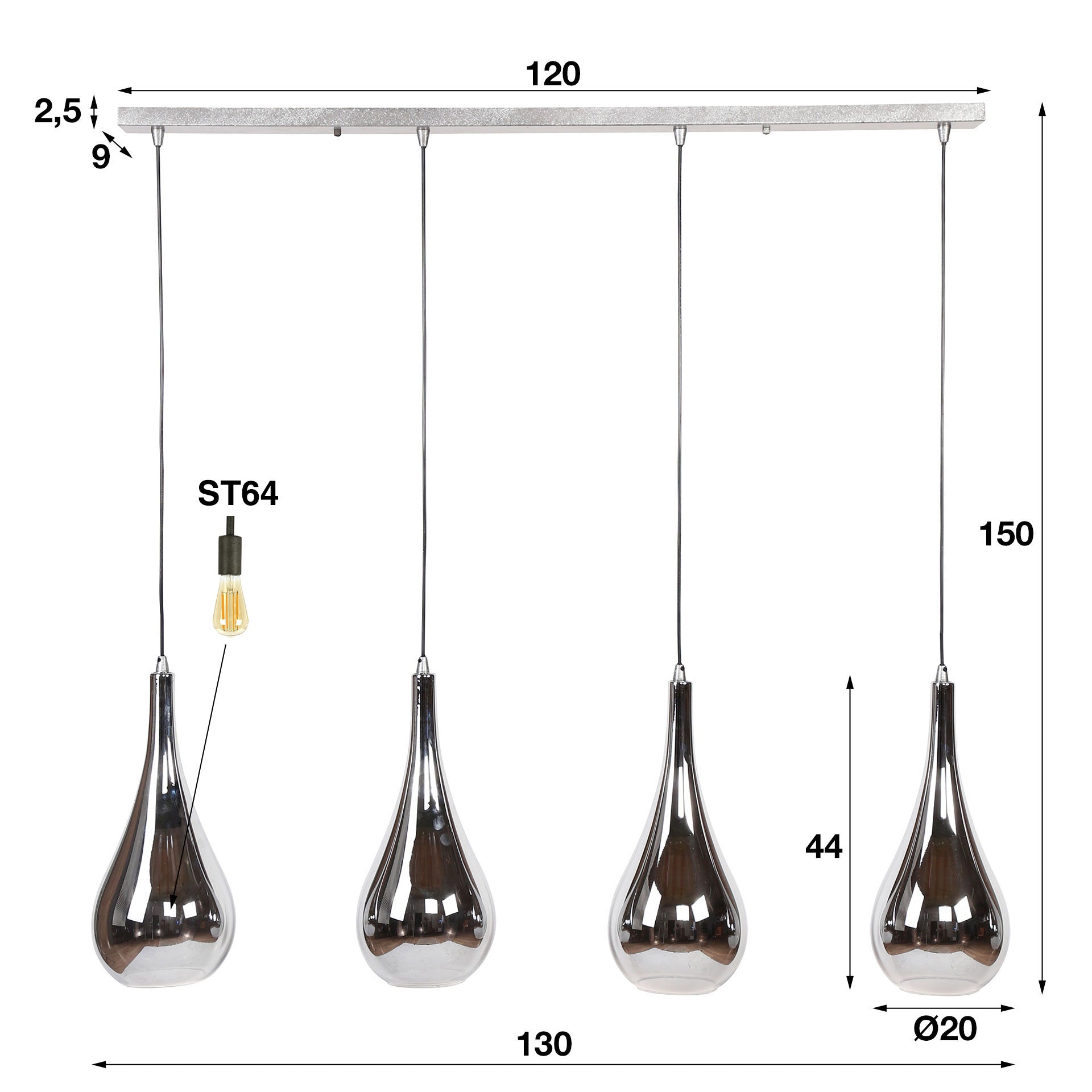 Hängeleuchte Gocce 4-flammig – Glas-Leuchte 130×150×20 cm mit Chromglanz & Spiegeleffekt, höhenverstellbar, E27, LED geeignet