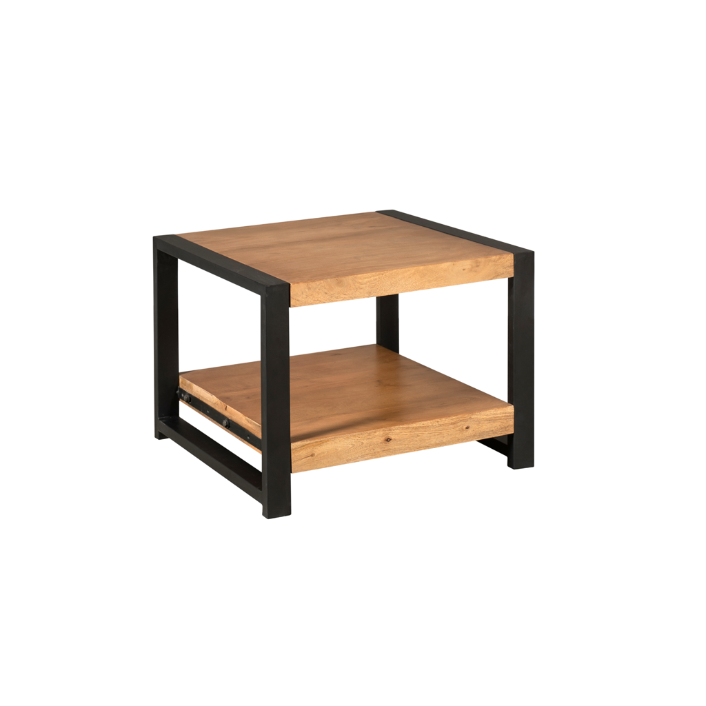Beistelltisch Bori – Tisch aus Mangoholz & Metall mit Unterregal, klar lackiert, 60 x 60 x 45 cm