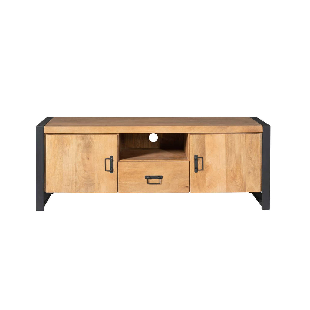 TV-Board Bori – Lowboard aus Mangoholz & Metall mit 2 Türen, Fach & Schublade, schwarzer Rahmen, modern & robust