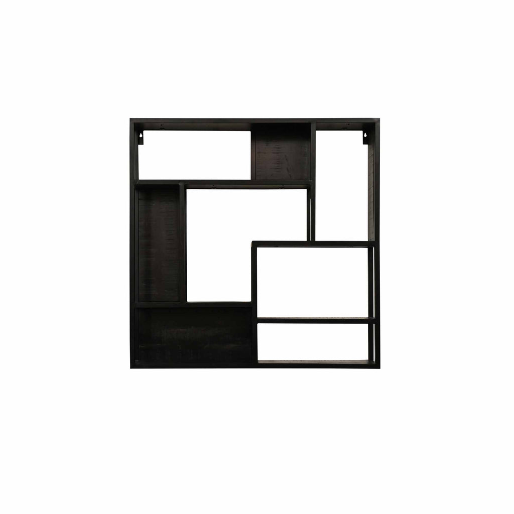 Wandregal Mango Schwarz – Regal aus massivem Mangoholz mit schwarzem Metallrahmen, 75 x 16 x 75 cm
