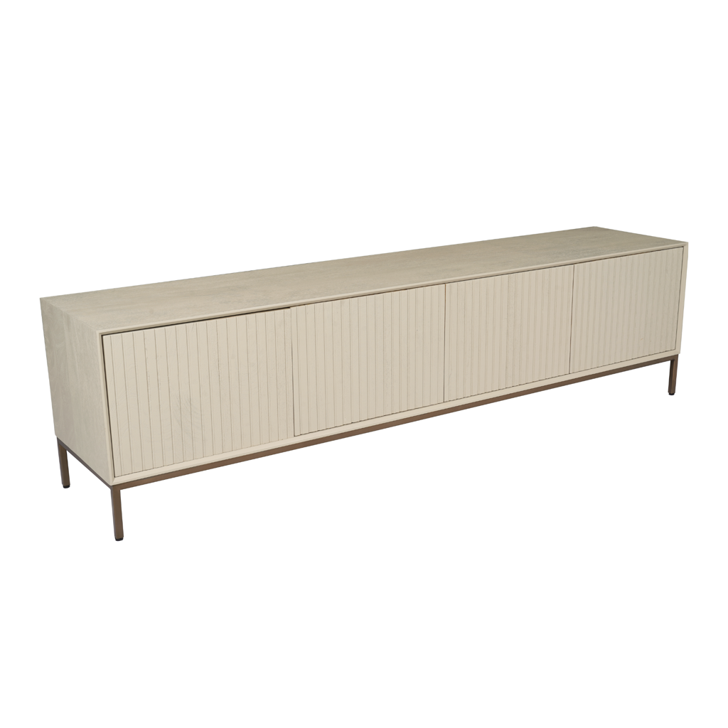 TV-Board Mandy Sand – Mangoholz mit Lattenmuster & Bronze-Gestell, 210 x 45 x 55 cm