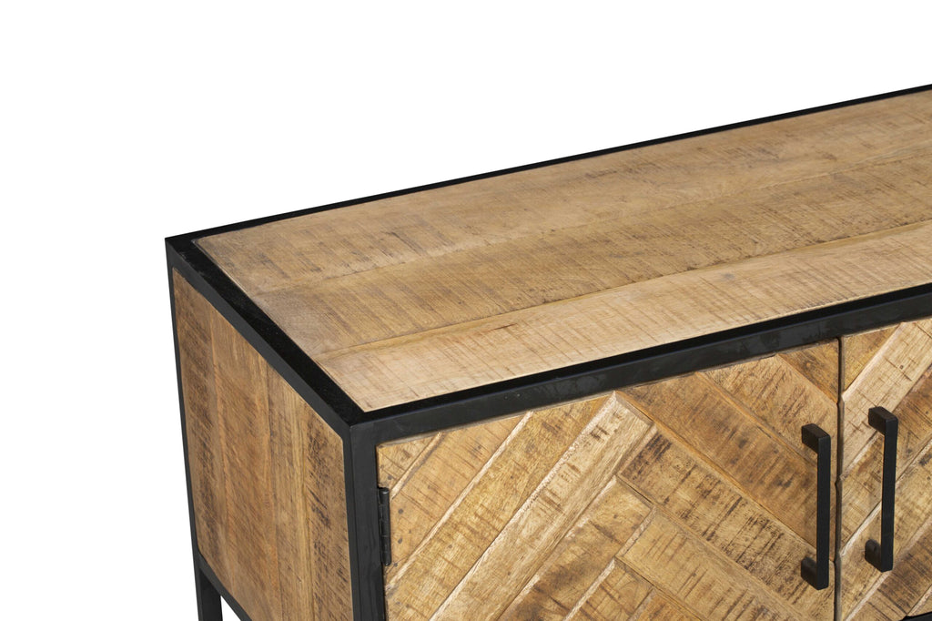 TV-Board Aloy Schwarz – Mangoholz mit Fischgrätenmuster & Lamellen-Details, 240 x 45 x 50 cm, modernes Lowboard