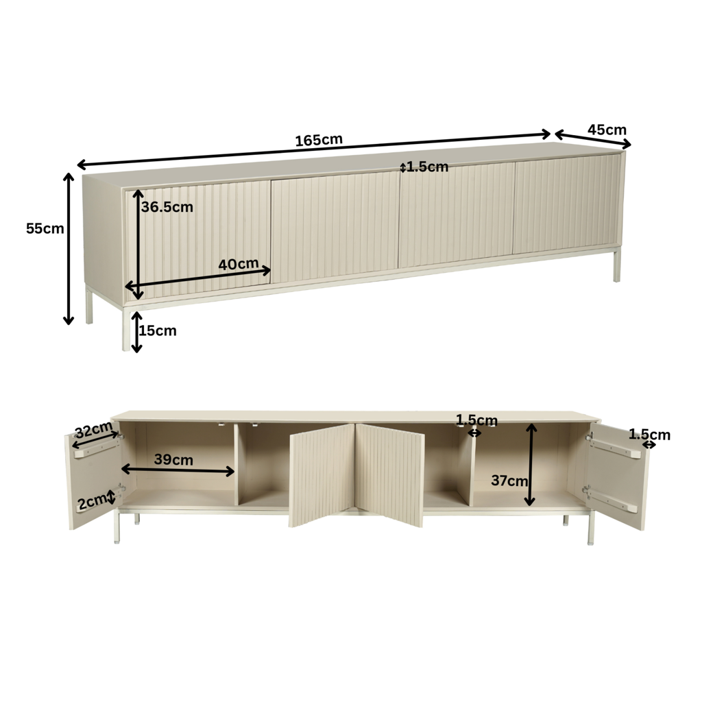 TV-Board Mandy Sand – Mangoholz sandgestrahlt mit bronzenem Metallgestell, grifflos mit Push-to-Open, 165 x 45 x 55 cm