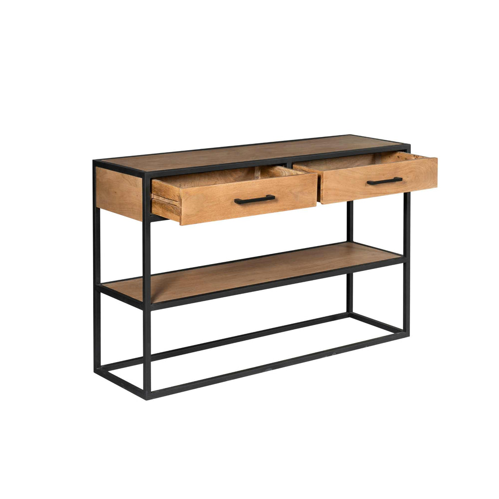 Beistelltisch Delta – Mangoholz & Metall mit 2 Schubladen & Ablage, 120 x 35 x 76 cm