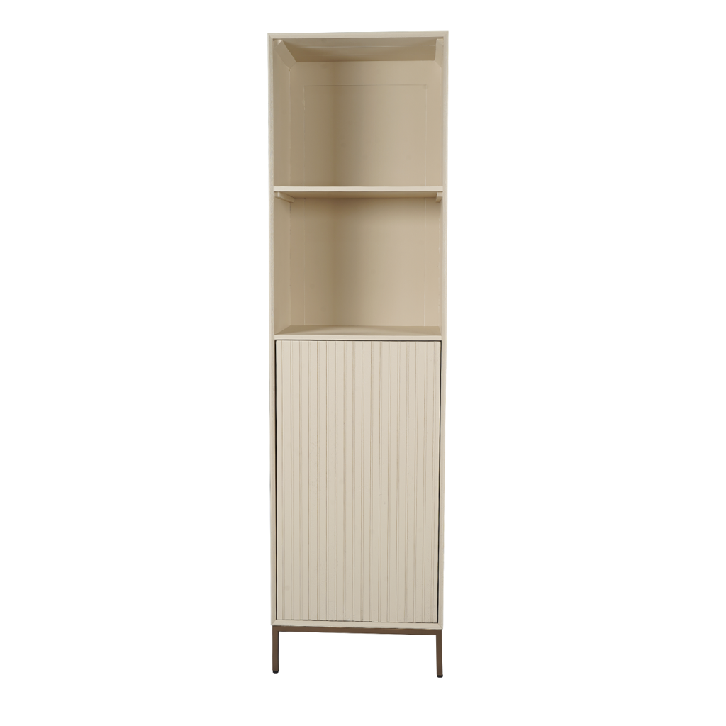 Bücherregal Mandy Sand – Mangoholz mit Sand-Finish & bronzefarbenem Metallgestell, 1 Tür & 2 offene Fächer, 55 x 45 x 200 cm