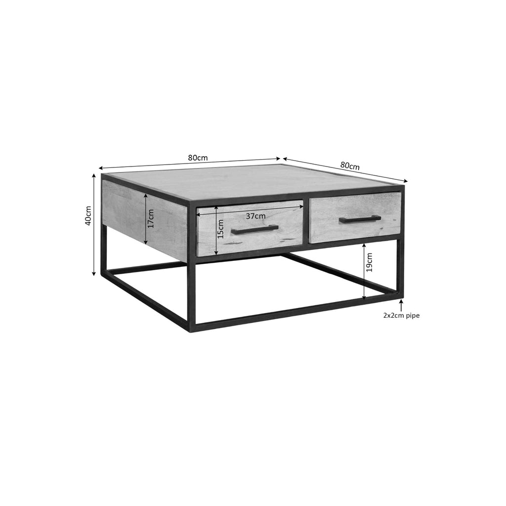 Couchtisch Delta Schwarz – Quadratischer Mangoholz-Tisch mit 4 Schubladen & Metallgriffen, 80 x 80 x 40 cm