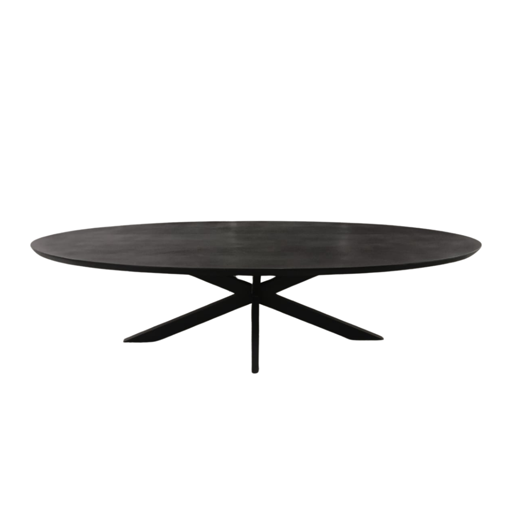 Esstisch Jacky Schwarz – Ovaler Mangoholztisch mit Metallgestell, 180 x 90 x 76 cm, moderne sandgestrahlte Tischplatte