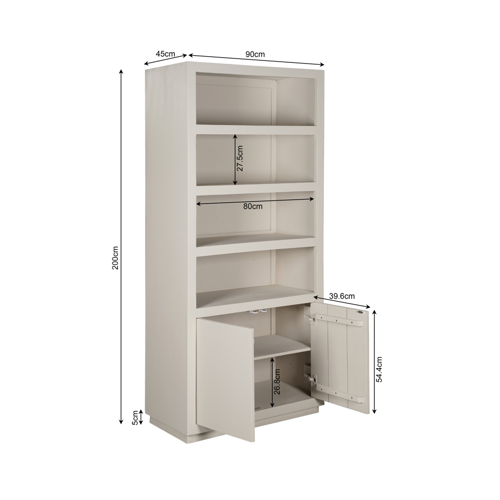 Bücherregal Bali 90x45x200 cm – Mangoholz Regal mit Sand-Finish, offenen Fächern & grifflosen Türen