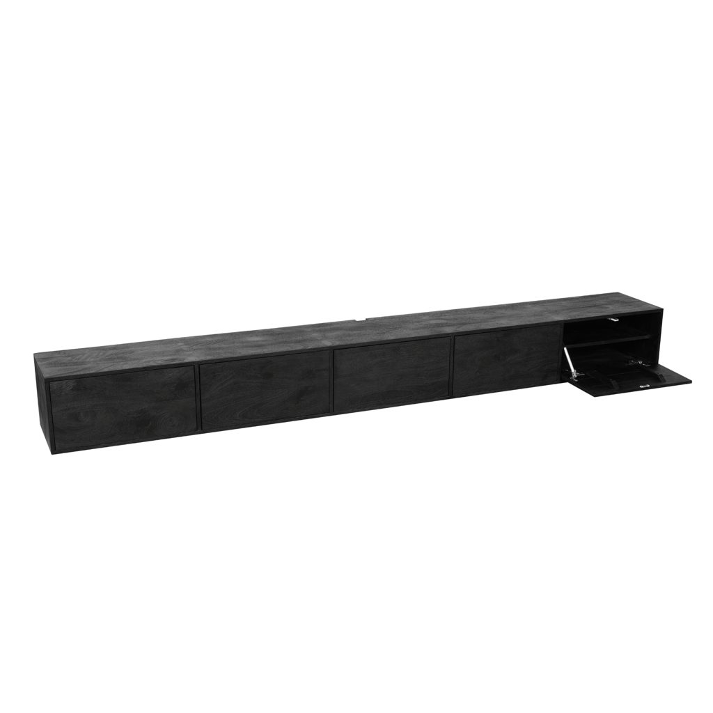 Schwebendes TV-Board Vision 280x35x30 cm – Massives Mangoholz mit Push-to-Open System & grifflosen Türen