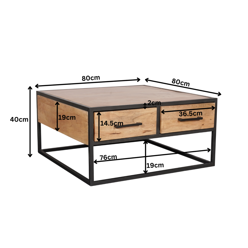 Couchtisch Delta Schwarz – Quadratischer Mangoholz-Tisch mit 4 Schubladen & Metallgriffen, 80 x 80 x 40 cm