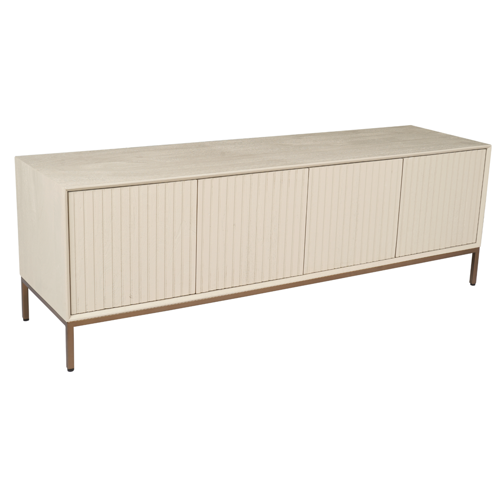 TV-Board Mandy Sand – Mangoholz sandgestrahlt mit bronzenem Metallgestell, grifflos mit Push-to-Open, 165 x 45 x 55 cm