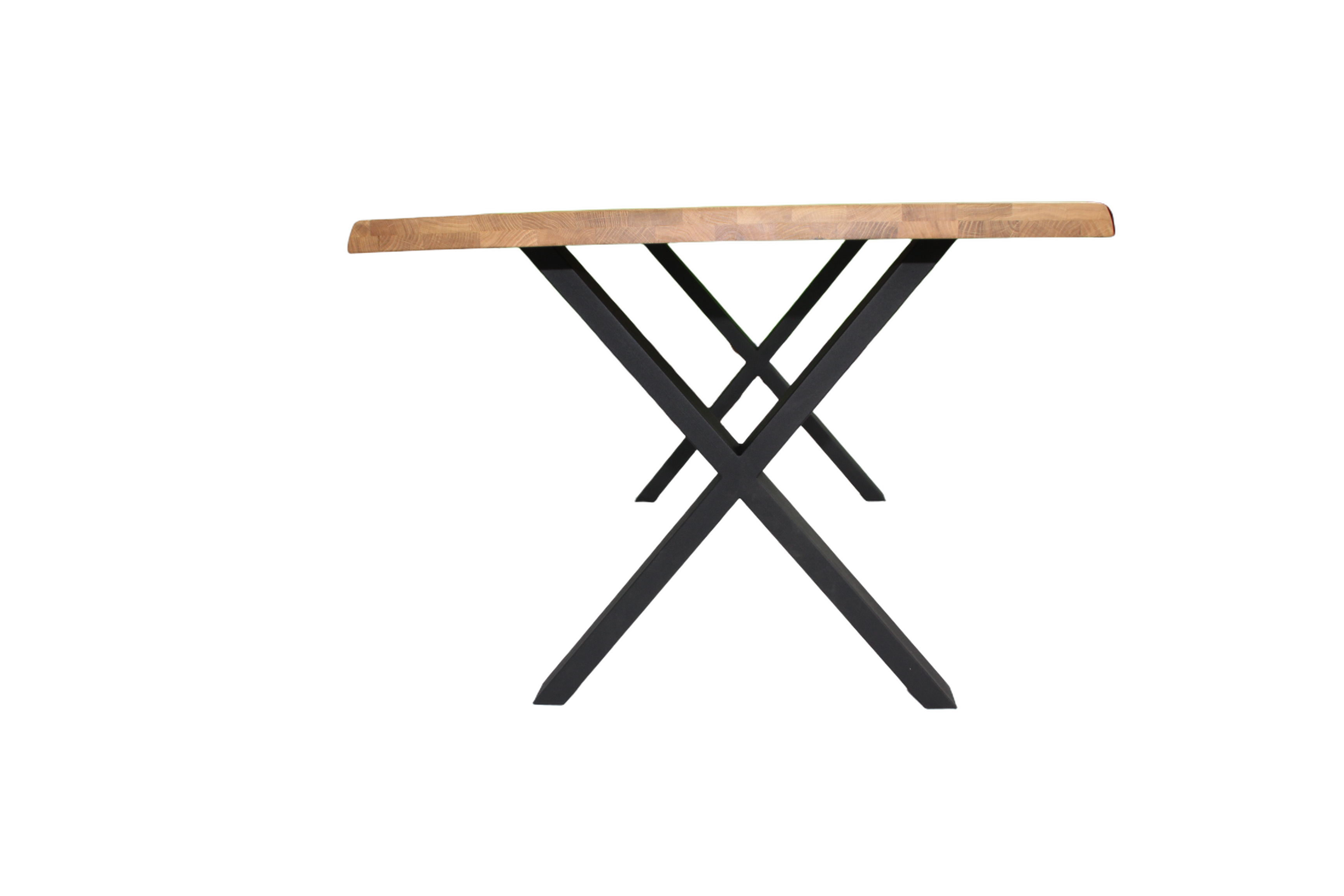 Eiche - Esstisch mit Baumkante - X-Gestell in Schwarz | Unikat
