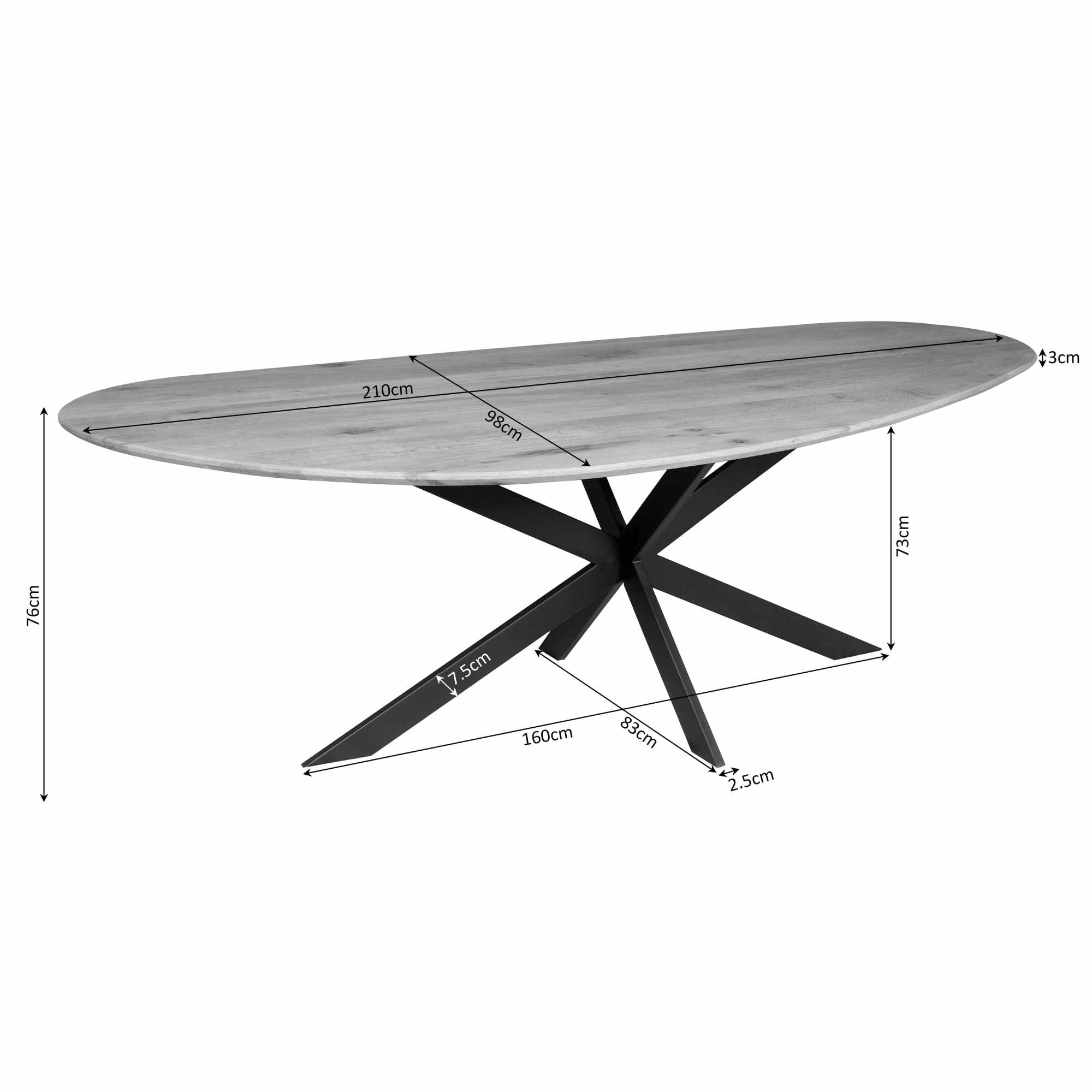 Esstisch Sky Schwarz 210x98x76 cm – FSC Eiche mit organischer Tischplatte & schwarzem Matrixgestell