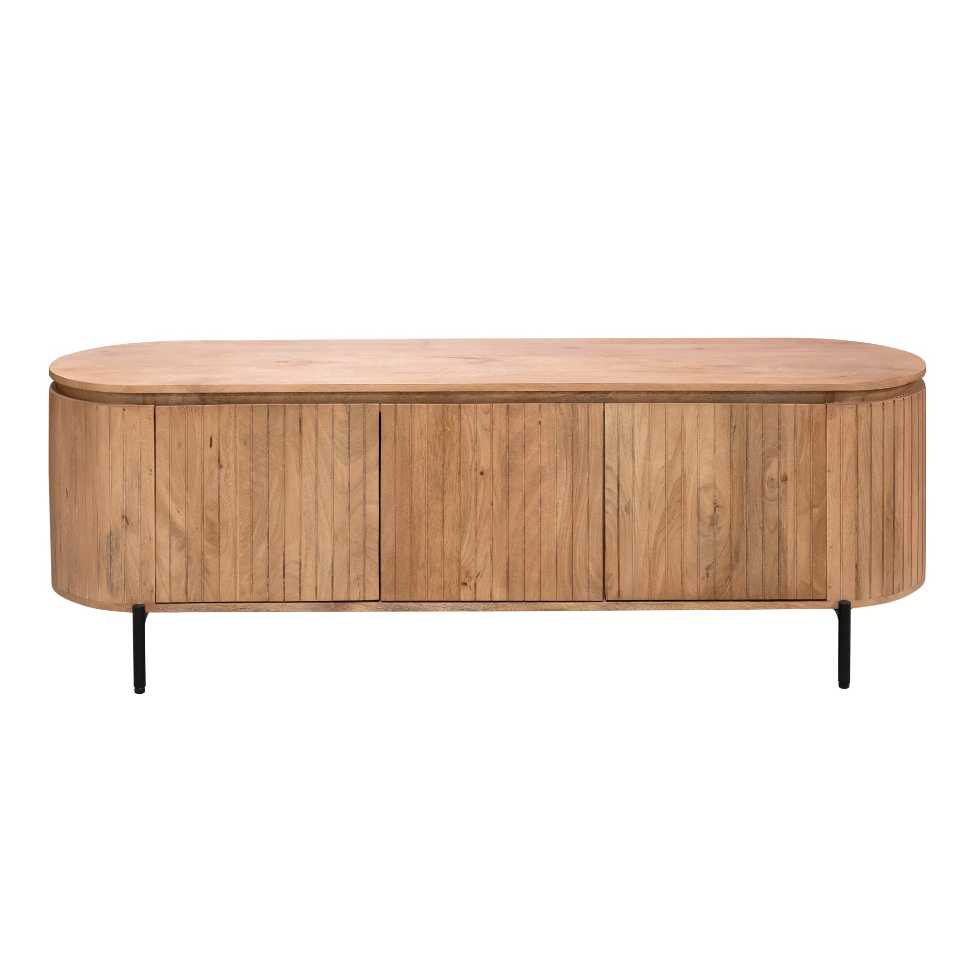 TV-Board Sole – Mangoholz mit vertikalem Lattenmuster, 3 Türen, 165 x 45 x 55 cm, Naturfarben