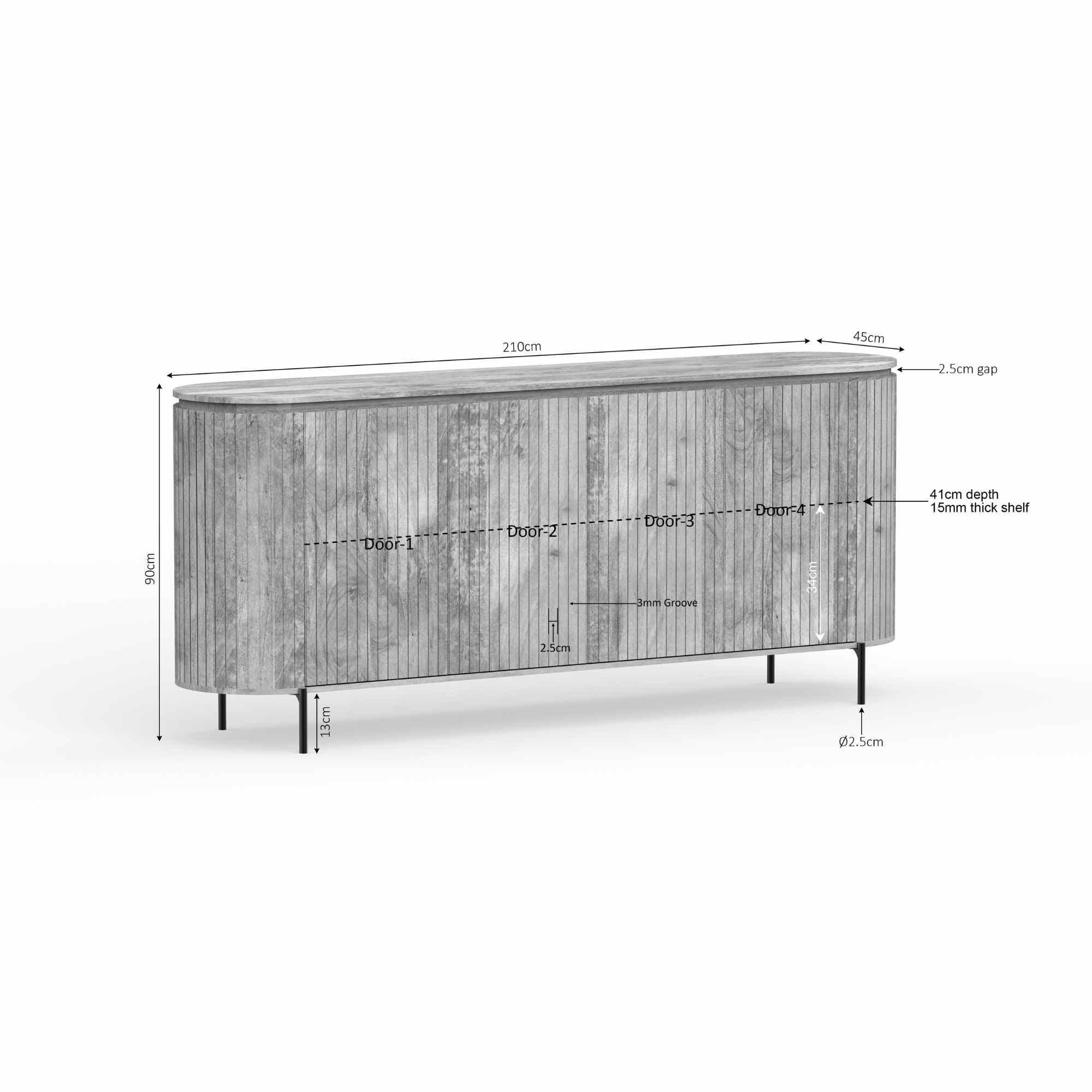 Sideboard Sole – Modernes Dressoir mit vertikalen Lamellen & 4 Türen, 210 x 45 x 90 cm