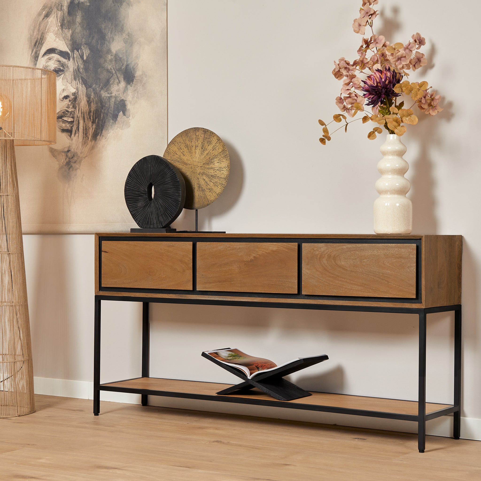 Konsolentisch Rois Mango Natur 150x35x76 cm – moderner Tisch mit 3 Schubladen & Metallgestell