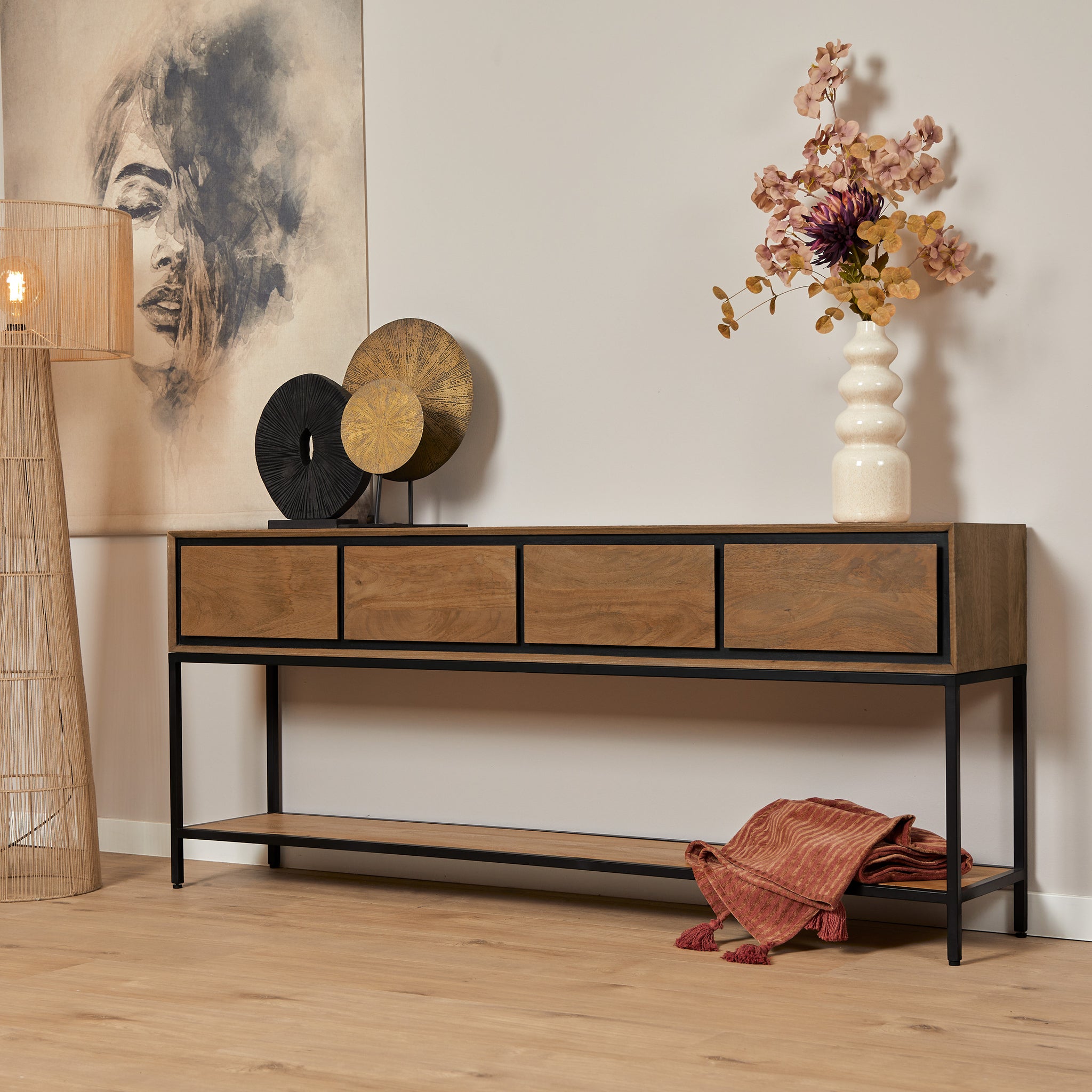 Konsolentisch Rois – Mangoholz Anrichte mit Metallgestell, 180×35×76 cm, modernes Möbel mit 4 Schubladen & Regalboden