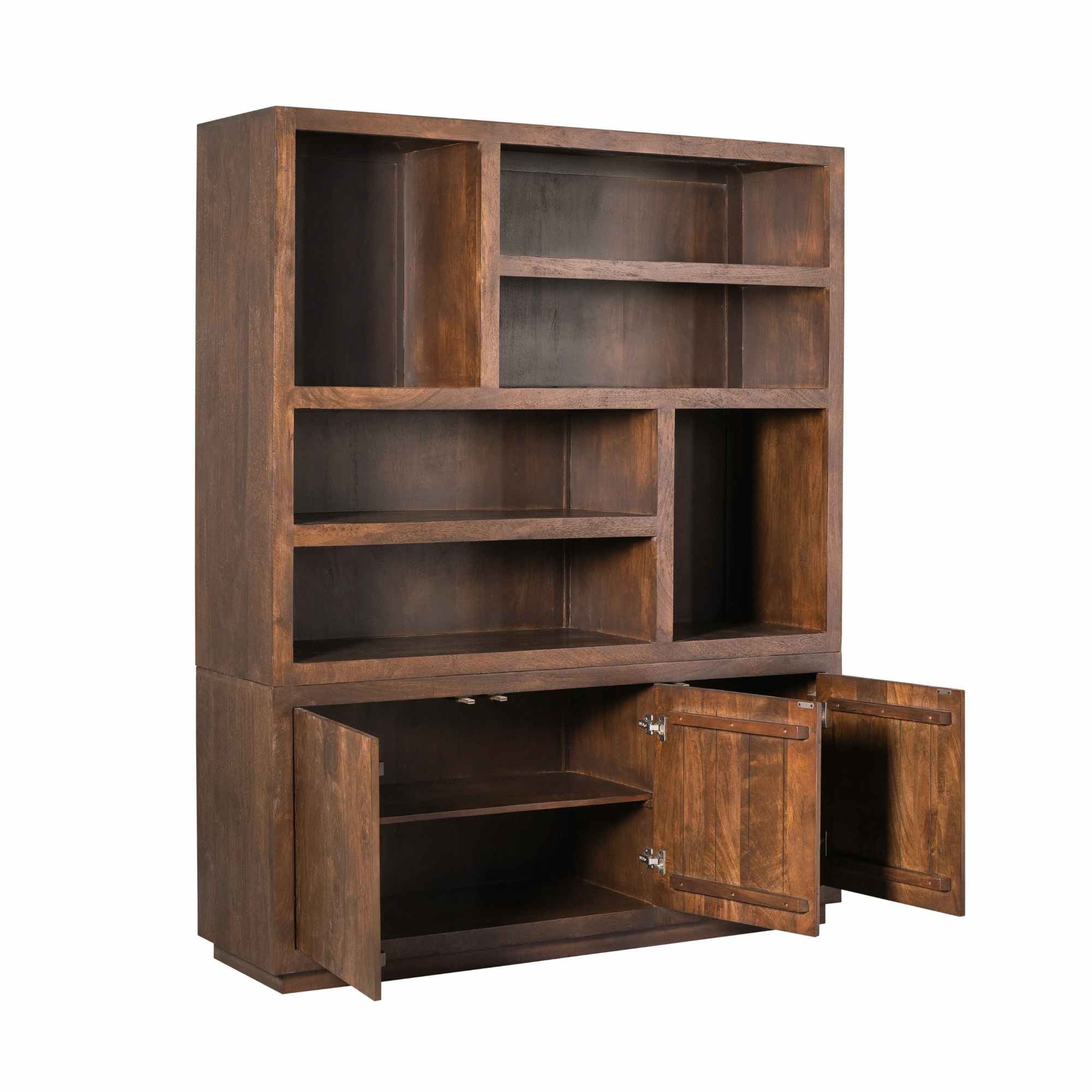 Regal Bali Braun XL – modernes Mangoholz-Regal mit offenen Fächern & 3 Türen, Push-to-Open, 160 x 45 x 200 cm