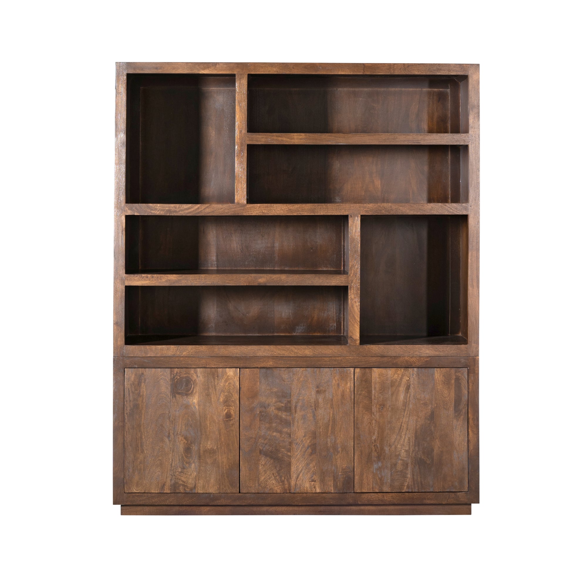 Regal Bali Braun XL – modernes Mangoholz-Regal mit offenen Fächern & 3 Türen, Push-to-Open, 160 x 45 x 200 cm