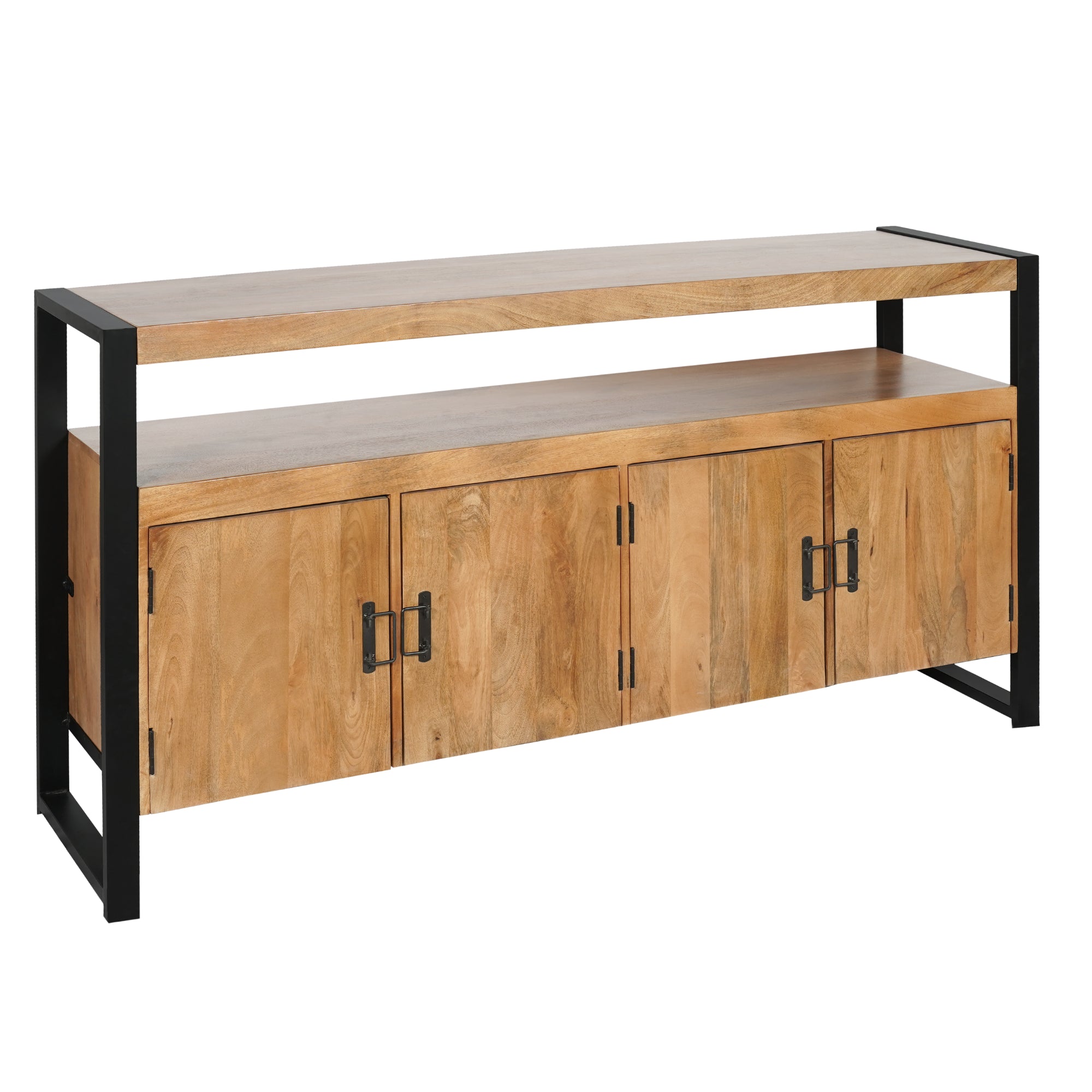 Sideboard Bori Natur – Mangoholz mit Metallrahmen, 4 Türen & Regalfächer, modernes Design, 175 x 45 x 90 cm