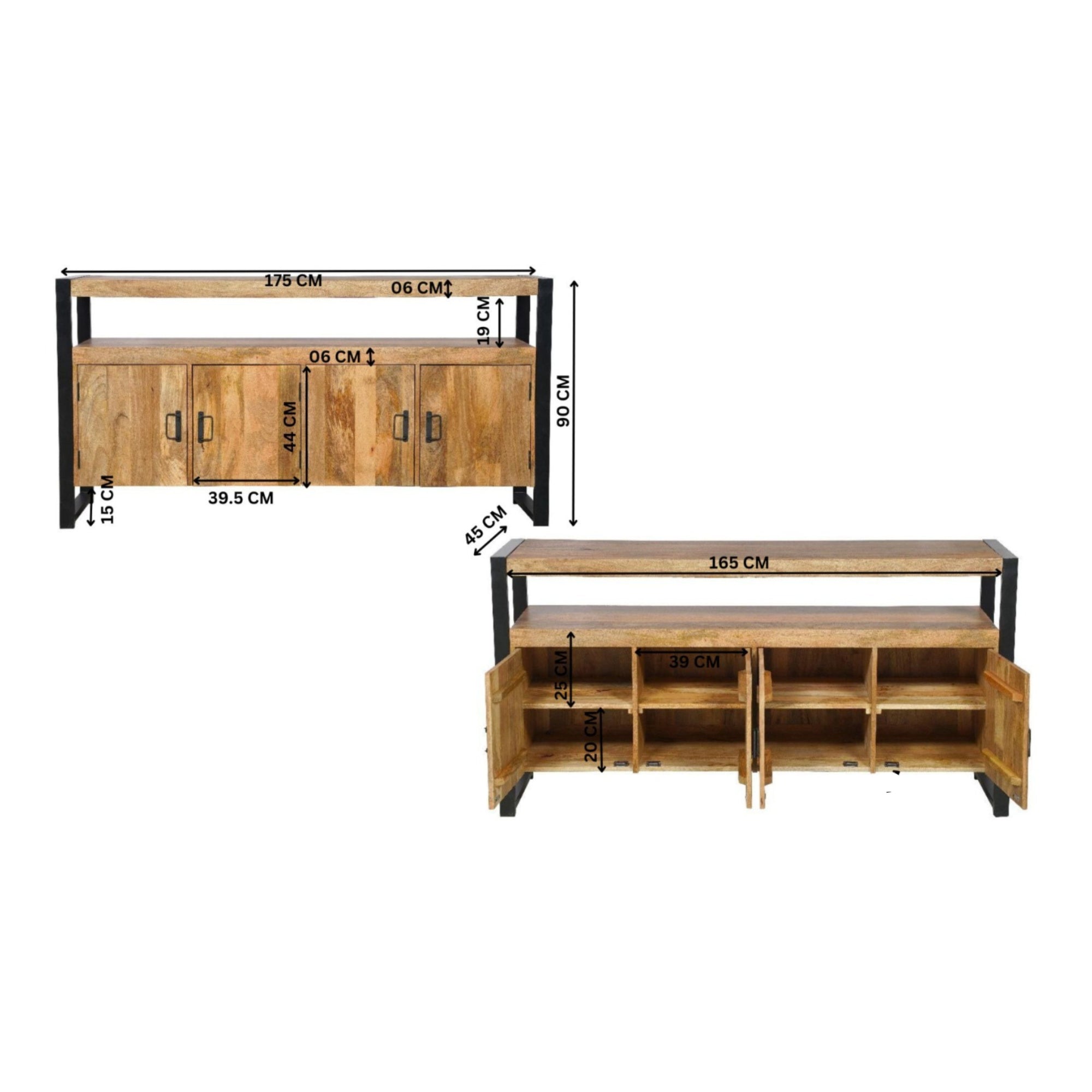 Sideboard Bori Natur – Mangoholz mit Metallrahmen, 4 Türen & Regalfächer, modernes Design, 175 x 45 x 90 cm