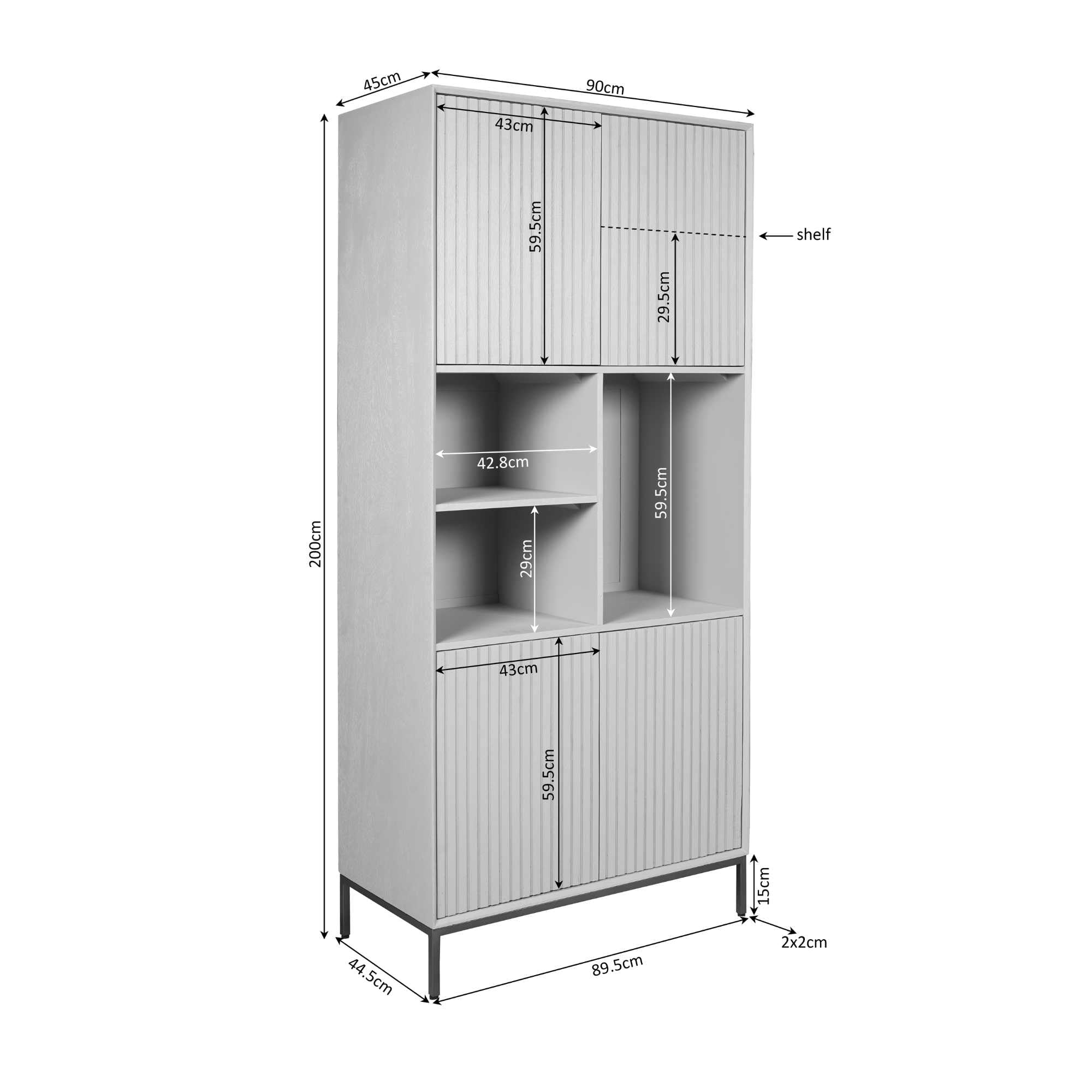 Stauraumschrank Mandy Braun – Mangoholz Schrank mit Metallrahmen & Lamellen-Design, 90×200×45 cm, 4 Türen & 3 offene Fächer