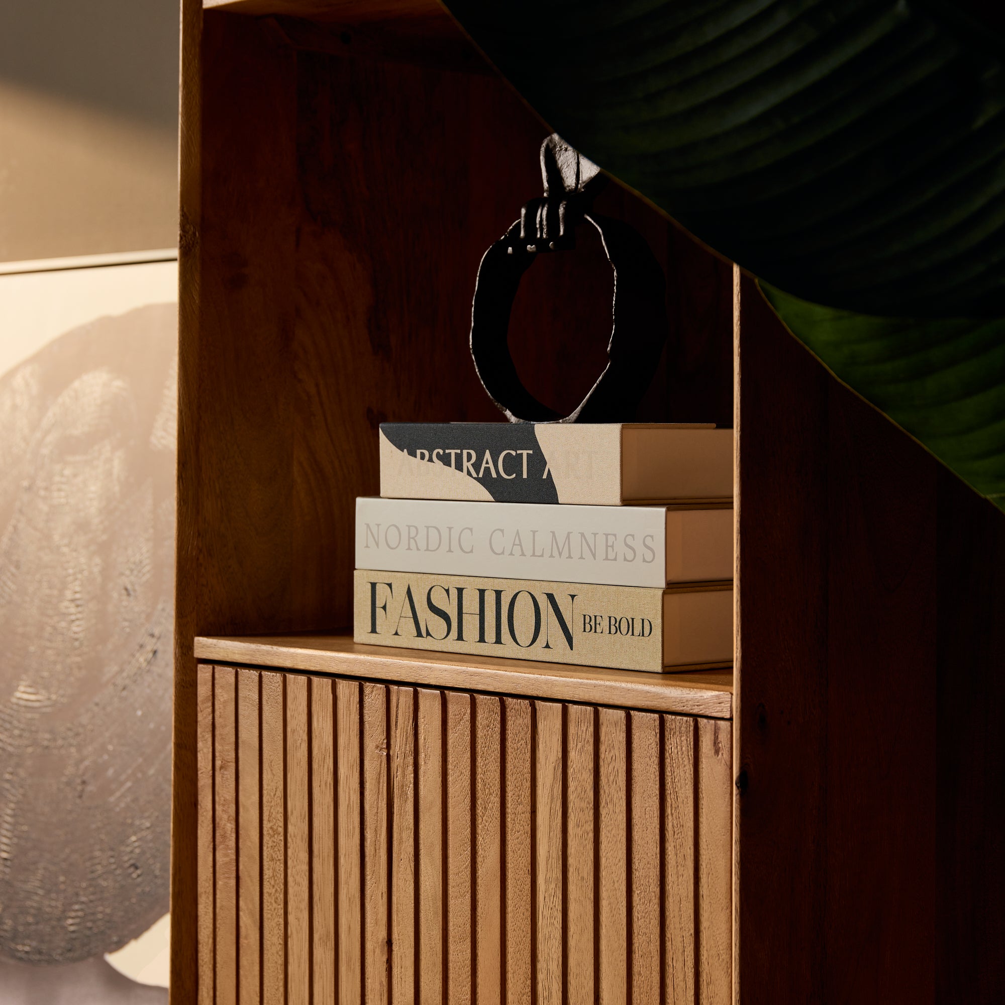 Bücherregal Mandy Naturfarben – Mangoholz mit Lamellentür & offenen Fächern, 55 x 45 x 200 cm