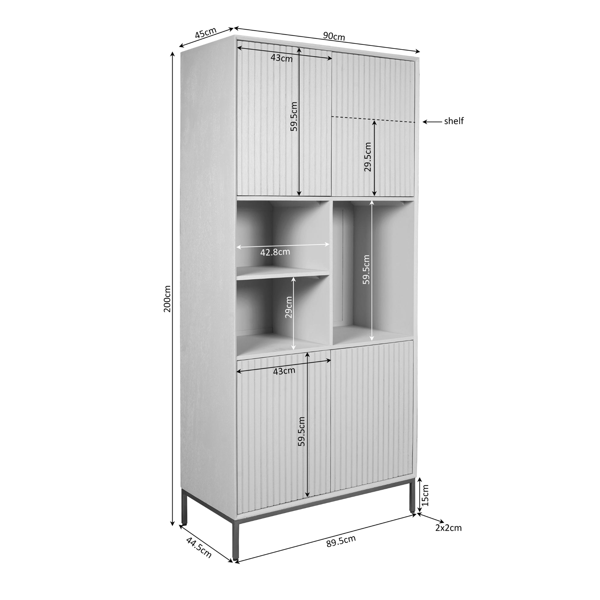 Regal Mandy Natur – Mangoholz mit vertikalem Lamellenmuster, 4 Türen & 3 offene Fächer, 90 x 45 x 200 cm
