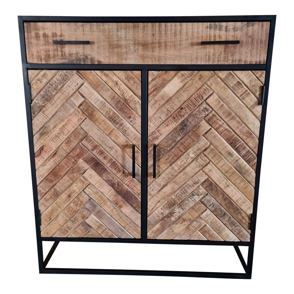 Highboard Aloy – Mangoholz-Kommode mit Fischgrätmuster & Metallgestell, 100×40×115 cm, stilvolles Design