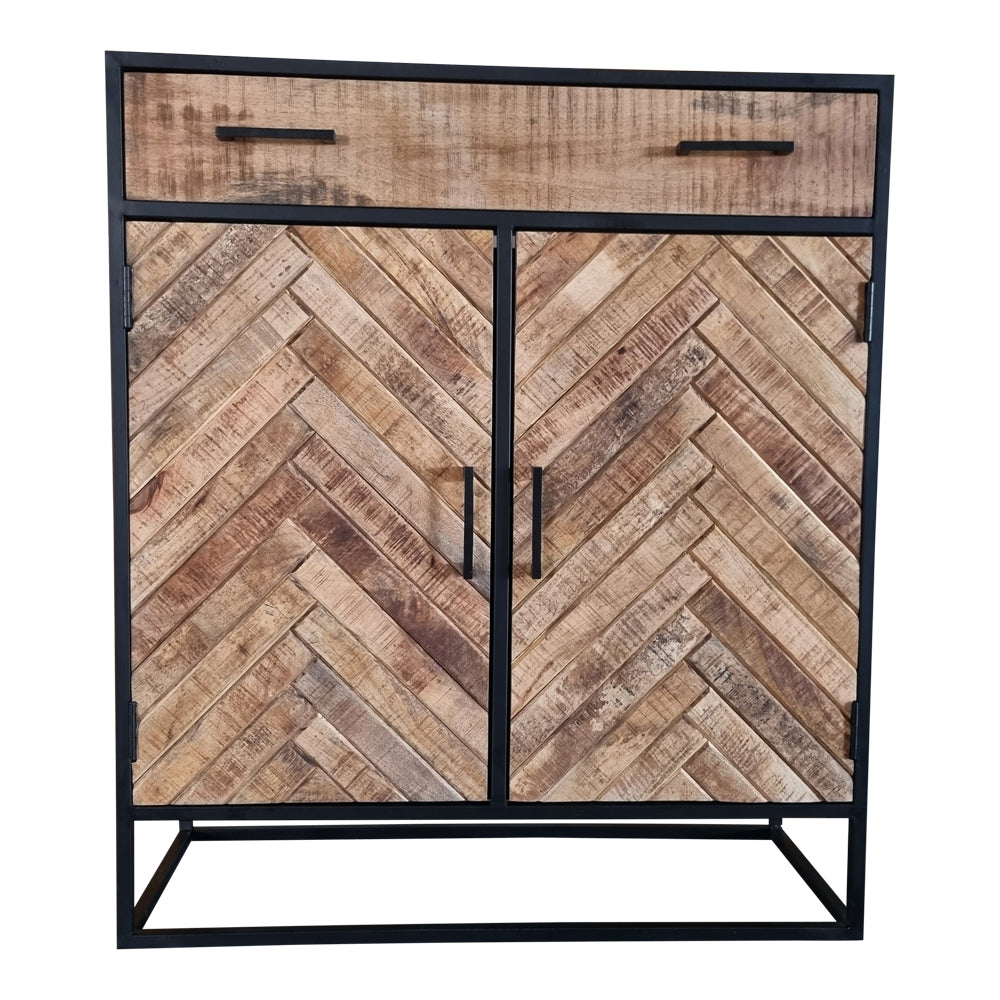 Highboard Aloy – Mangoholz-Kommode mit Fischgrätmuster & Metallgestell, 100×40×115 cm, stilvolles Design