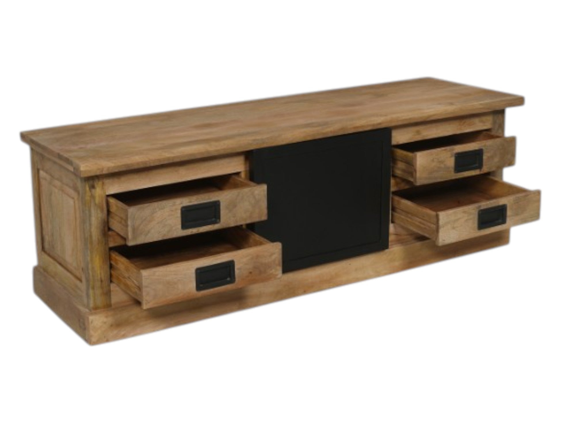 TV-Board Nizza – Mangoholz mit schwarzen Metalltüren & Holzeinlagen, 155 x 45 x 50 cm