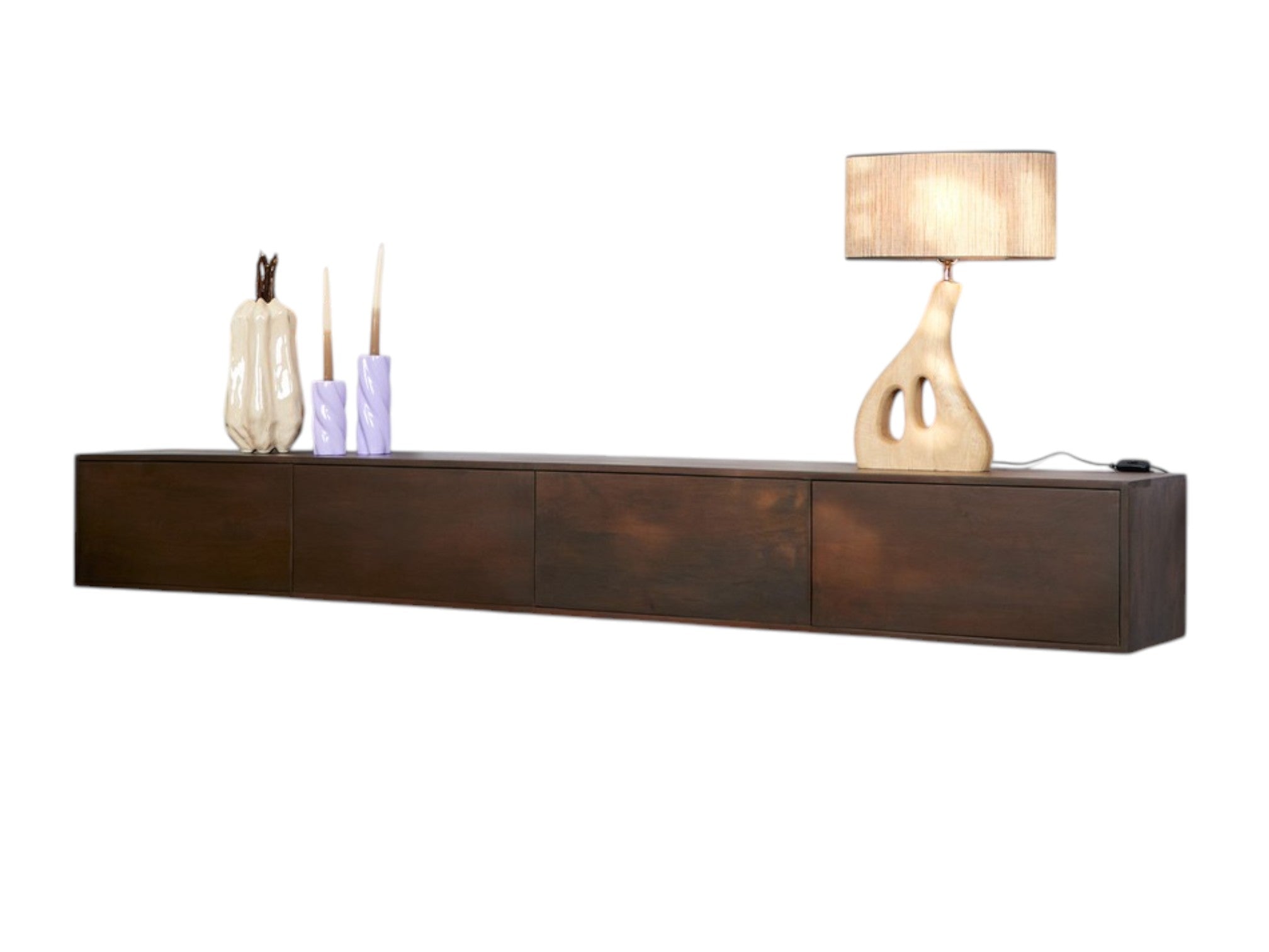 Schwebendes TV-Board Focus Walnuss – Mangoholz, 240 x 35 x 30 cm, grifflos, Push-to-Open, modernes Design