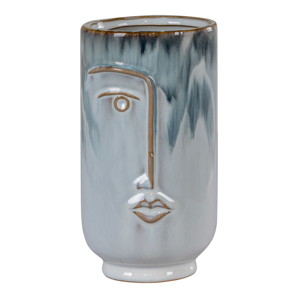 Vase - Vase aus Keramik, zweifarbig blau, mit Gesicht, rund, Ø9,5x17 cm