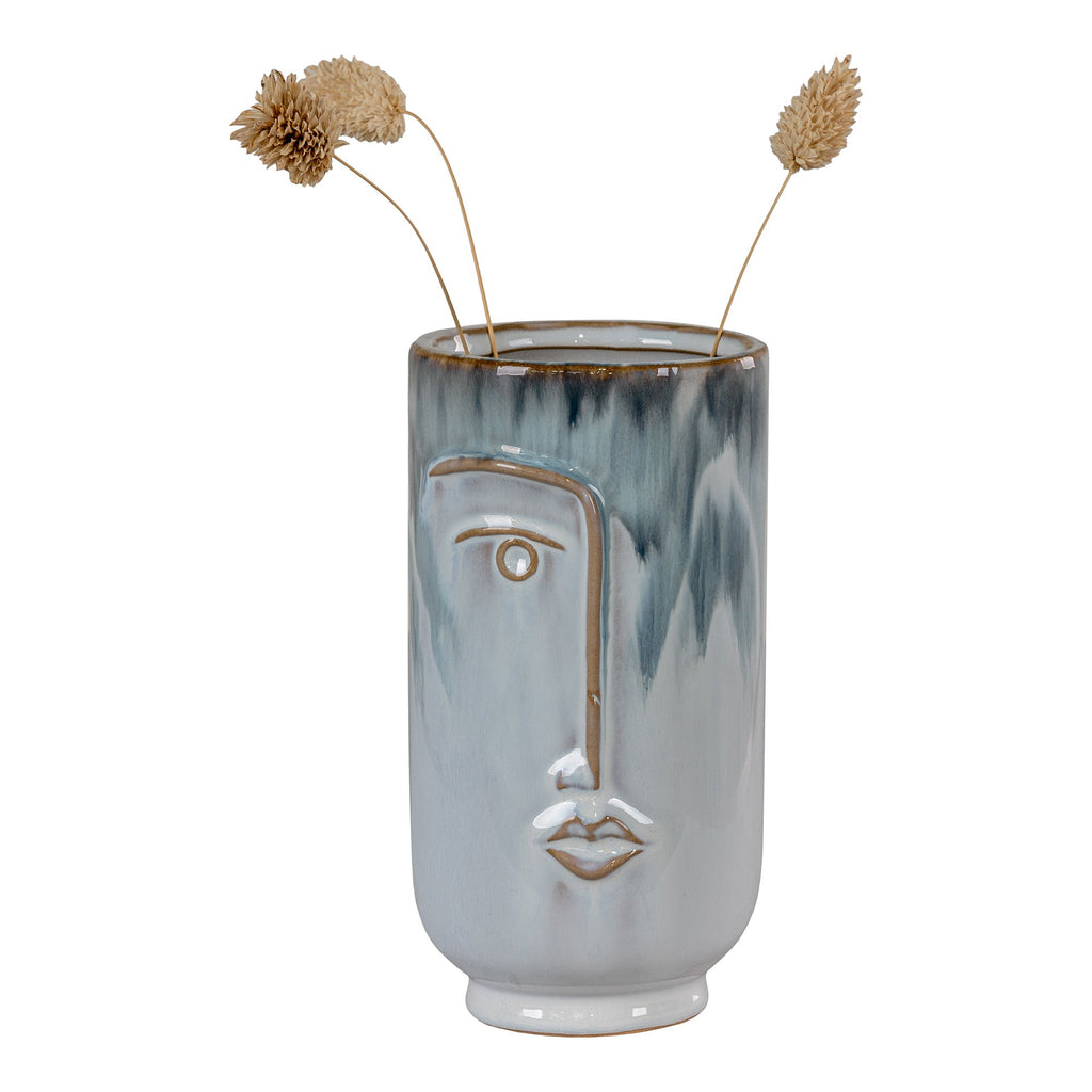 Vase - Vase aus Keramik, zweifarbig blau, mit Gesicht, rund, Ø9,5x17 cm