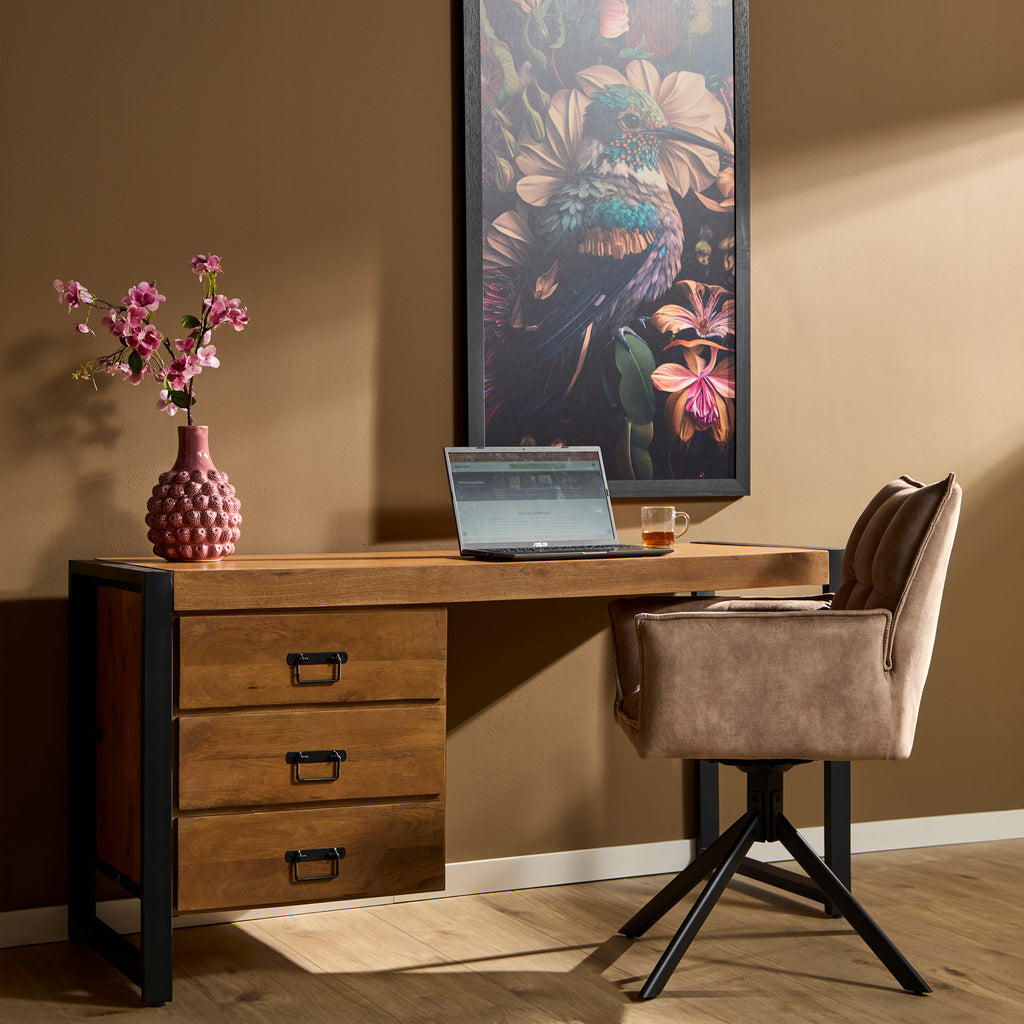 Schreibtisch Bori 145x58x74 cm – Massivholz-Mangoholz Homeoffice-Tisch mit 3 Schubladen & schwarzen Metallgriffen