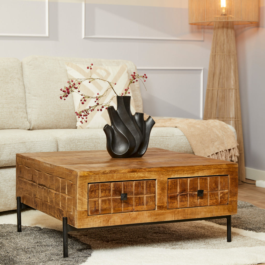 Couchtisch Jacky – Mangoholz, 4 Schubladen, 80 x 80 x 40 cm