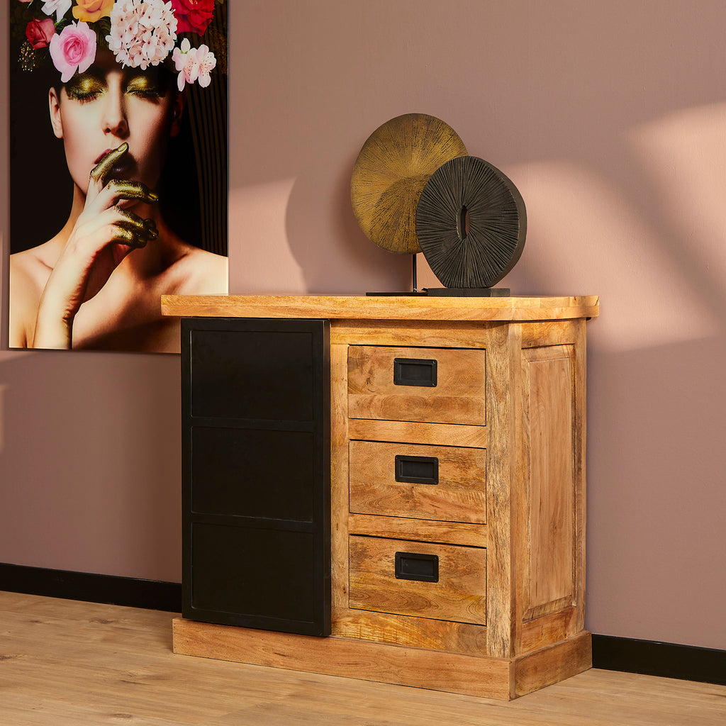 Sideboard Nizza 100x45x90 cm – Mangoholz Kommode mit Schubladen & Tür im modernen Design