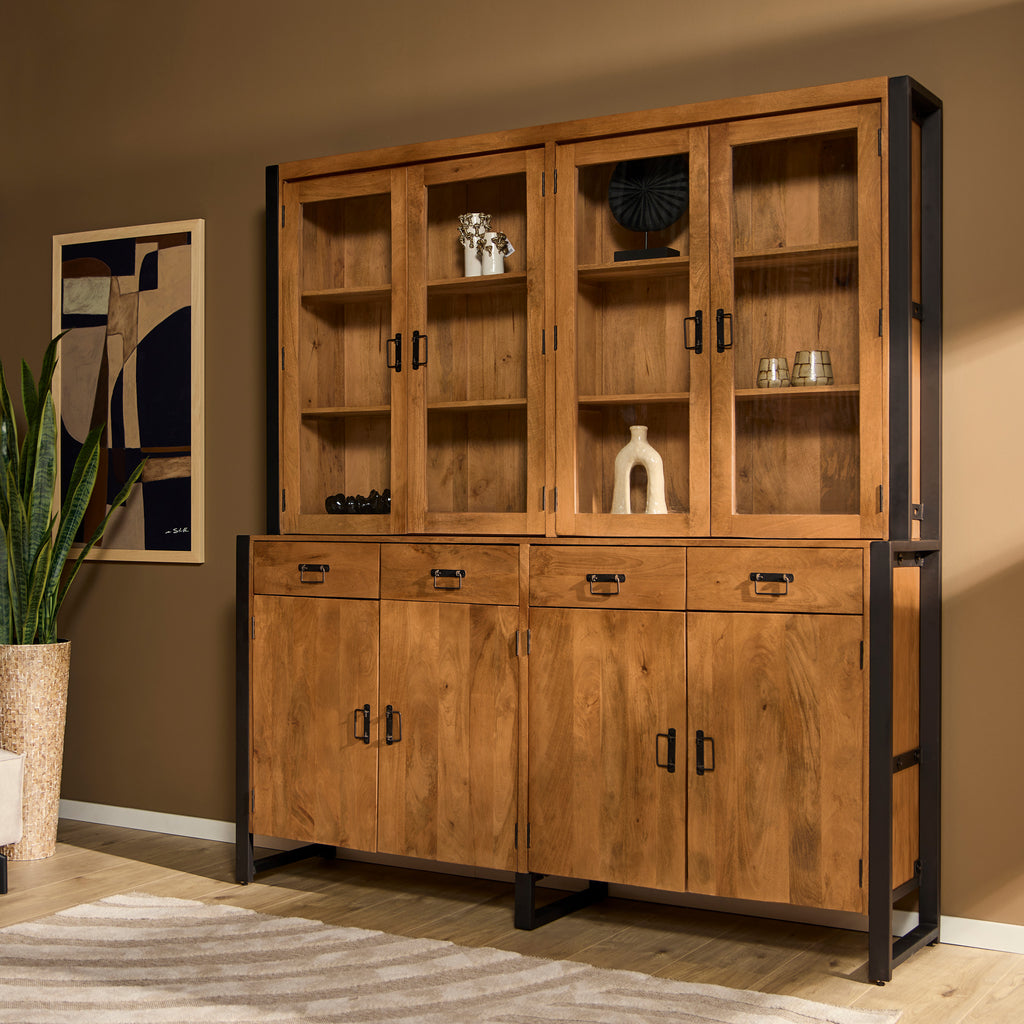 Vitrine Bori XXL Schwarz – Mangoholz & Metall, 200 x 45 x 220 cm, modernes Highboard mit Türen & Schubladen