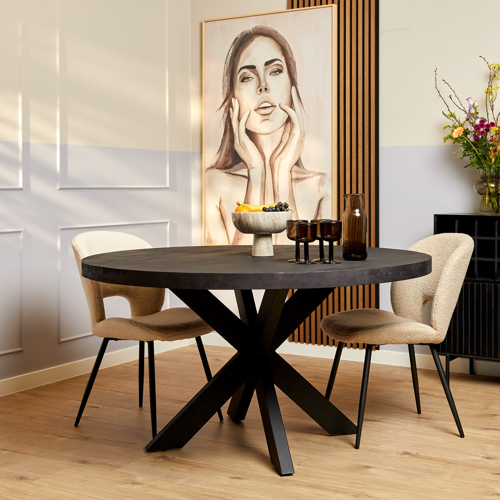 Runder Esstisch Delta – Mangoholz & Matrix-Bein aus schwarzem Metall, 120 x 120 x 76 cm, modernes Design