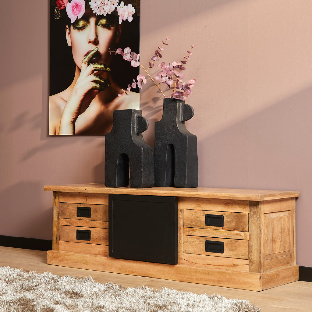 TV-Board Nizza – Mangoholz mit schwarzen Metalltüren & Holzeinlagen, 155 x 45 x 50 cm