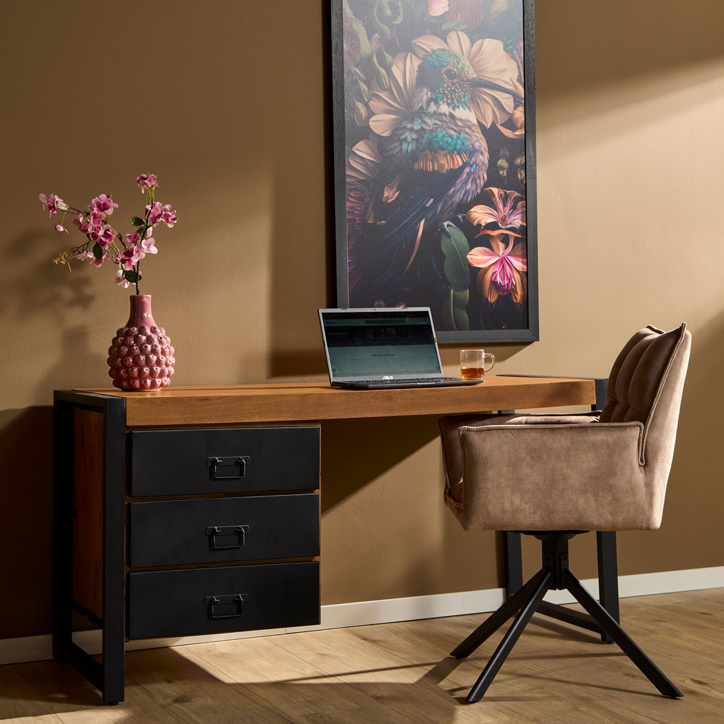 Schreibtisch Bori – Mangoholz & Metall Schwarz, 145 x 58 x 74 cm, Massivholz Tisch mit 3 Schubladen im Industriedesign
