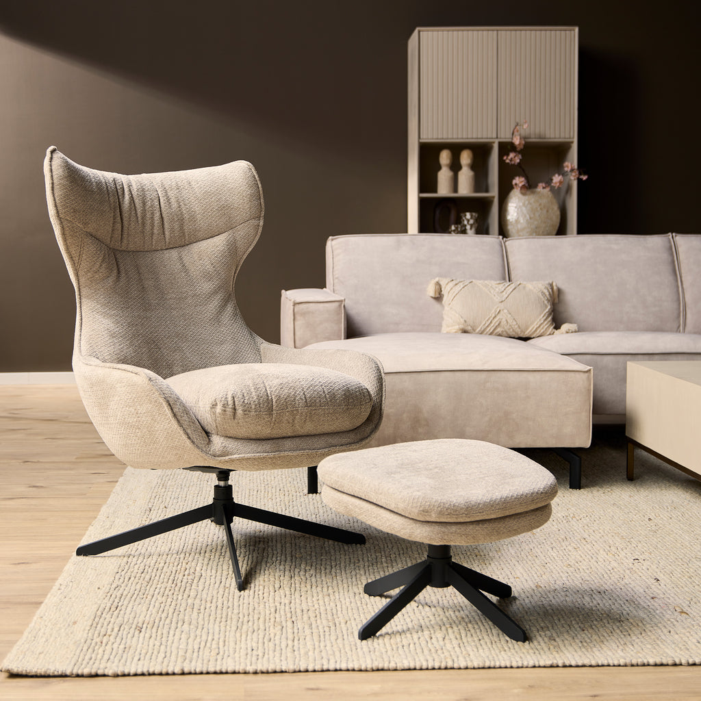 Sessel Olivia Taupe mit Hocker – Drehbarer Relaxsessel Taupe,  77×85×108 cm inkl. Fußhocker